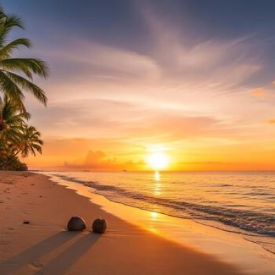 tropical-beach-sunset-with-palm-trees-and-ocean-waves-free-photo